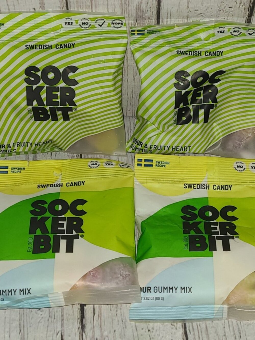 Lot of 4 SOCKERBIT Swedish Candy Sour Gummy Mix & Fruity Heart 2.82 oz Bags